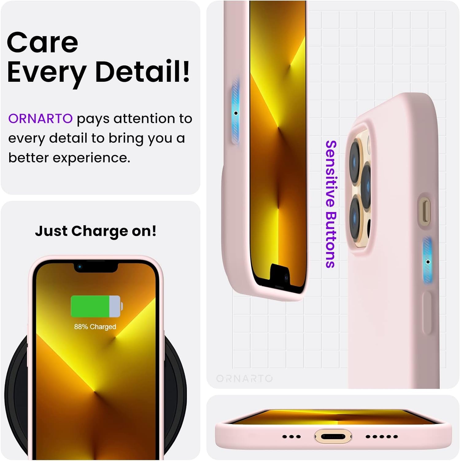 Compatible with Iphone 13 Pro Case 6.1, Slim Liquid Silicone 3 Layers Full Covered Soft Gel Rubber Case Cover 6.1 Inch-Chalk Pink